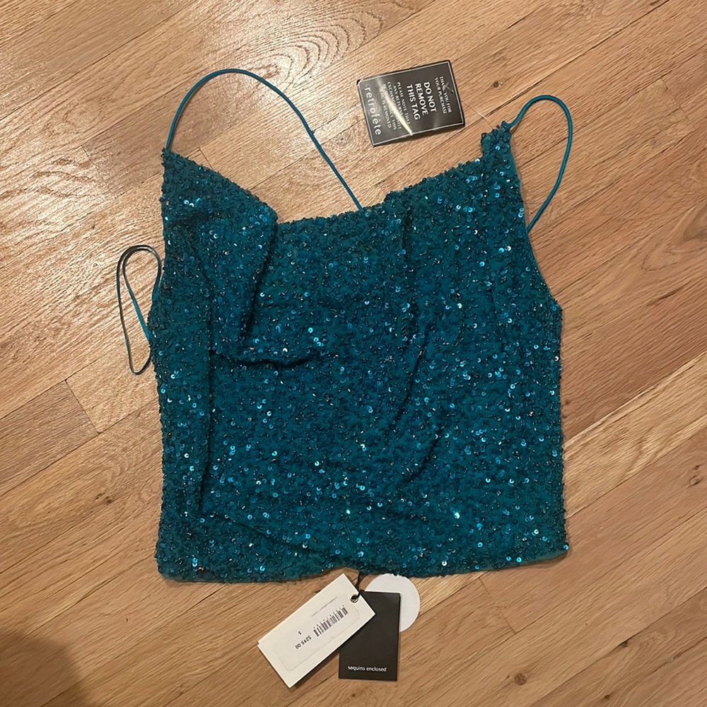 Retrofete Michal sequin top in turquoise, size S